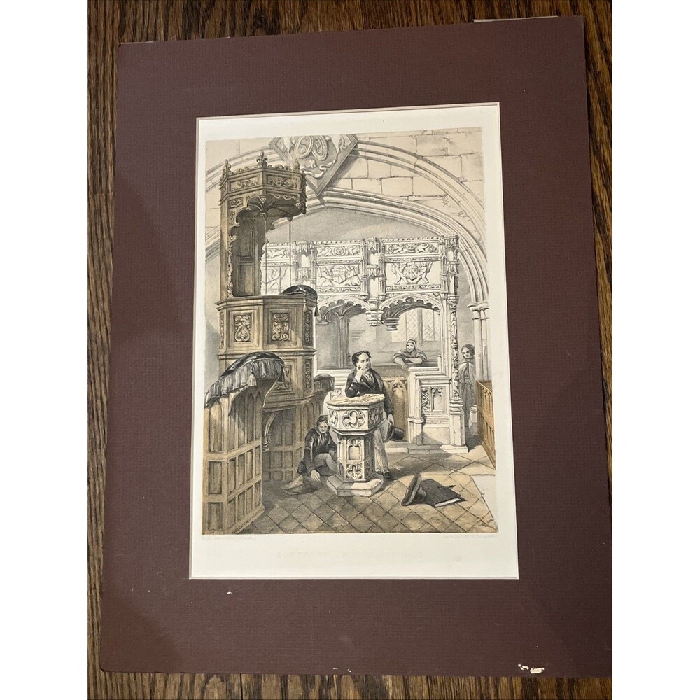 Old Antique Print English Art Box Grove Church, Sussex Etching Matted
